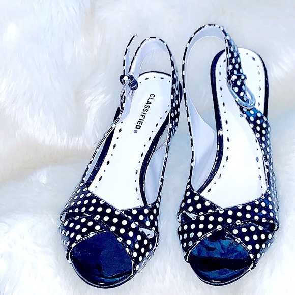 👠RARE VINTAGE SLEEK PINUP Black/White PolkaDot PeepToe SlingBack Stilettos 1950 - Picture 4 of 16